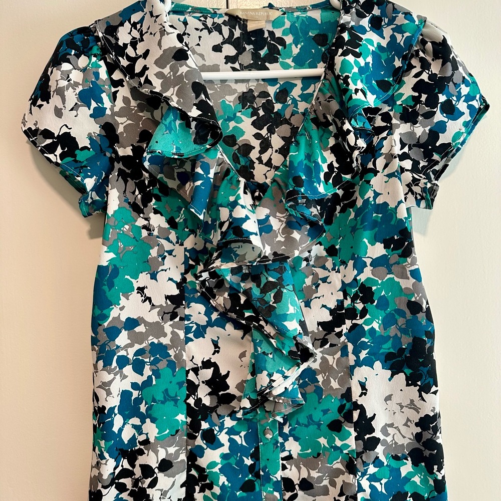 Banana Republic Teal and Black Floral Blouse